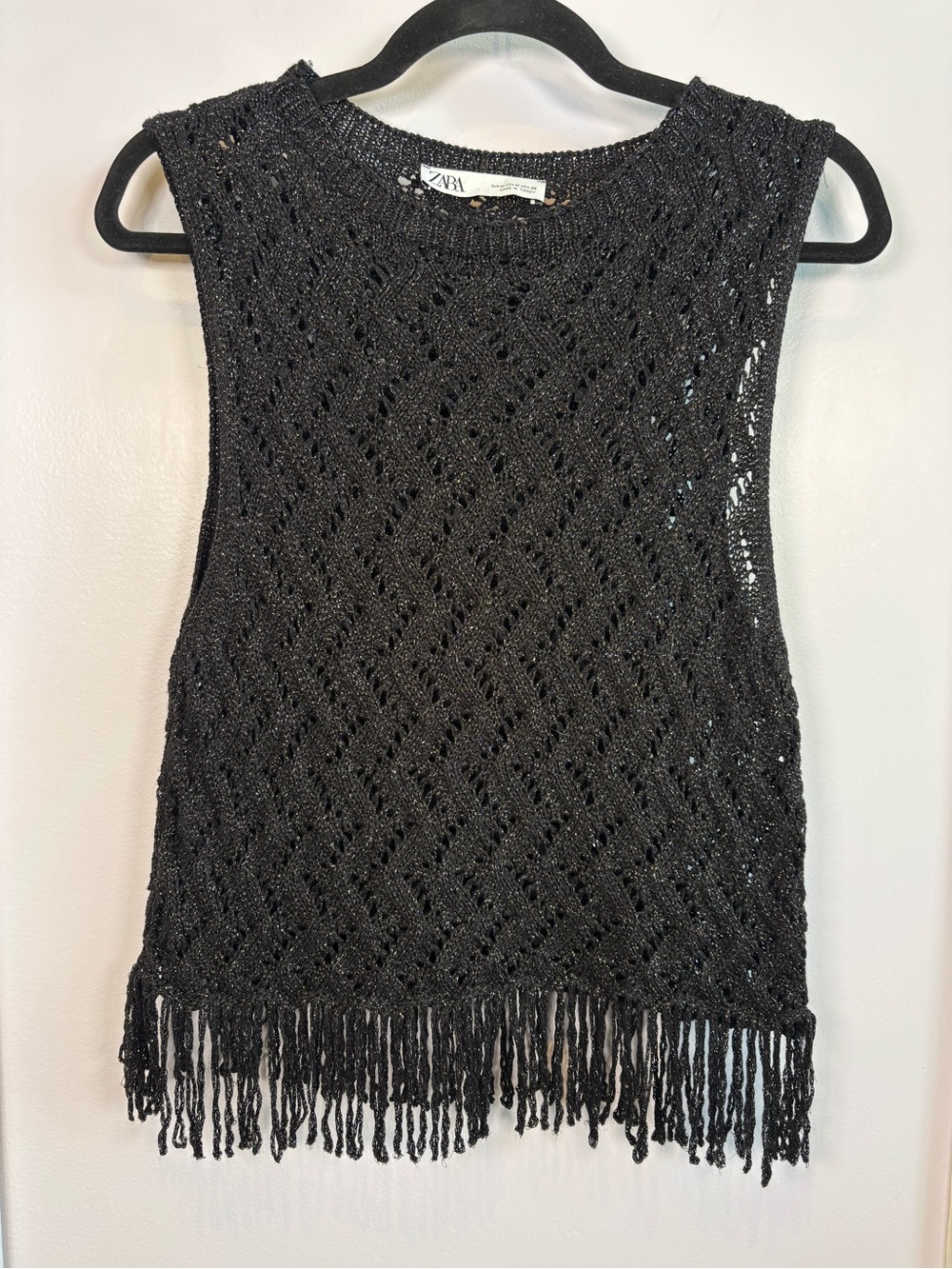 Zara Black Open-Knit Shimmer Fringe Chic Sweater Tank Size Medium